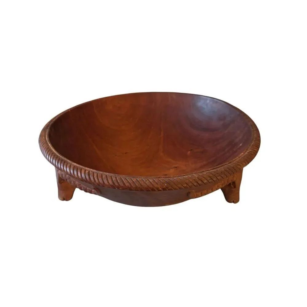 Vintage Heavy Hand Carved Longhorn Foot 14” Wooden Serving Bowl